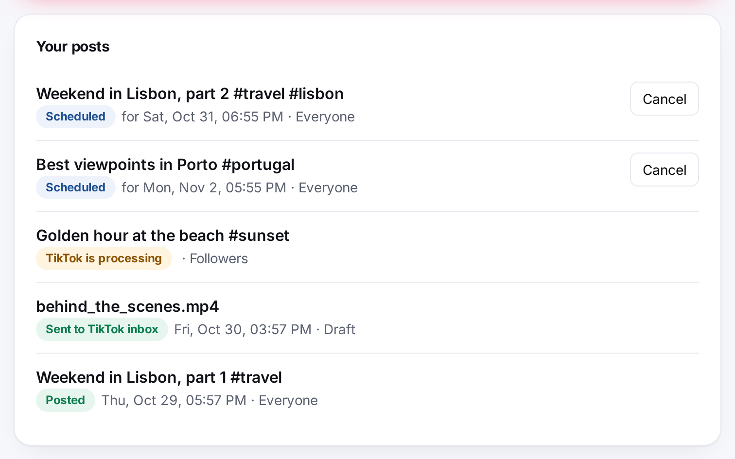 List of scheduled and published posts with statuses
