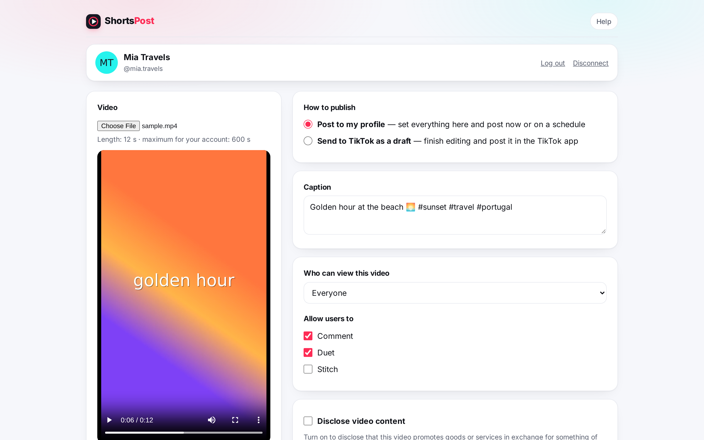 ShortsPost dashboard: video preview, caption, privacy and posting options